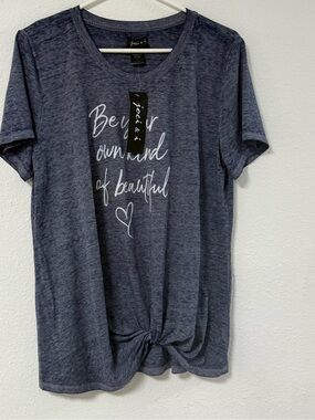 Joci & J. Navy Short Sleeve Knot Front Tee with Script